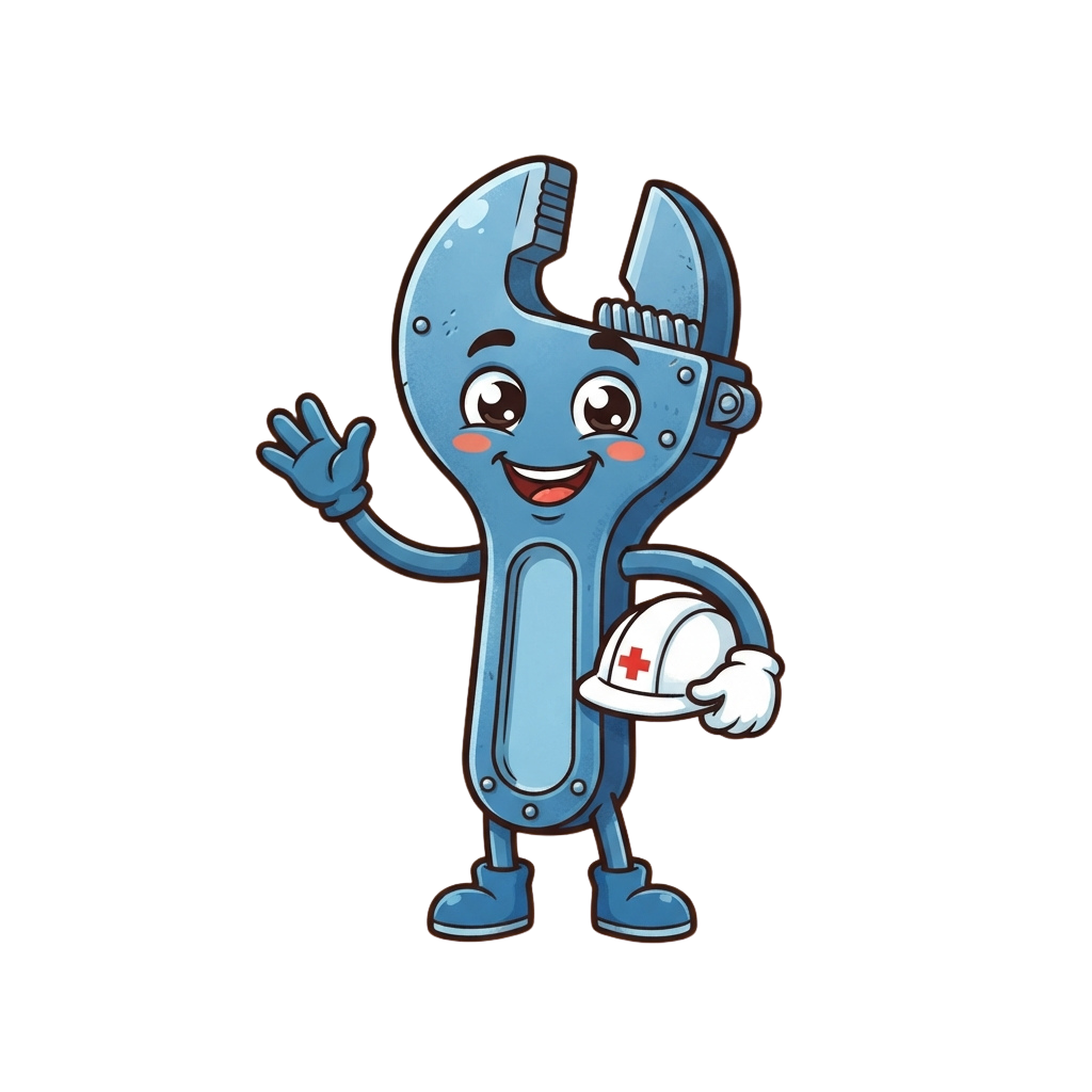 A cheerful cartoon wrench character waving and holding a safety helmet with a red cross
