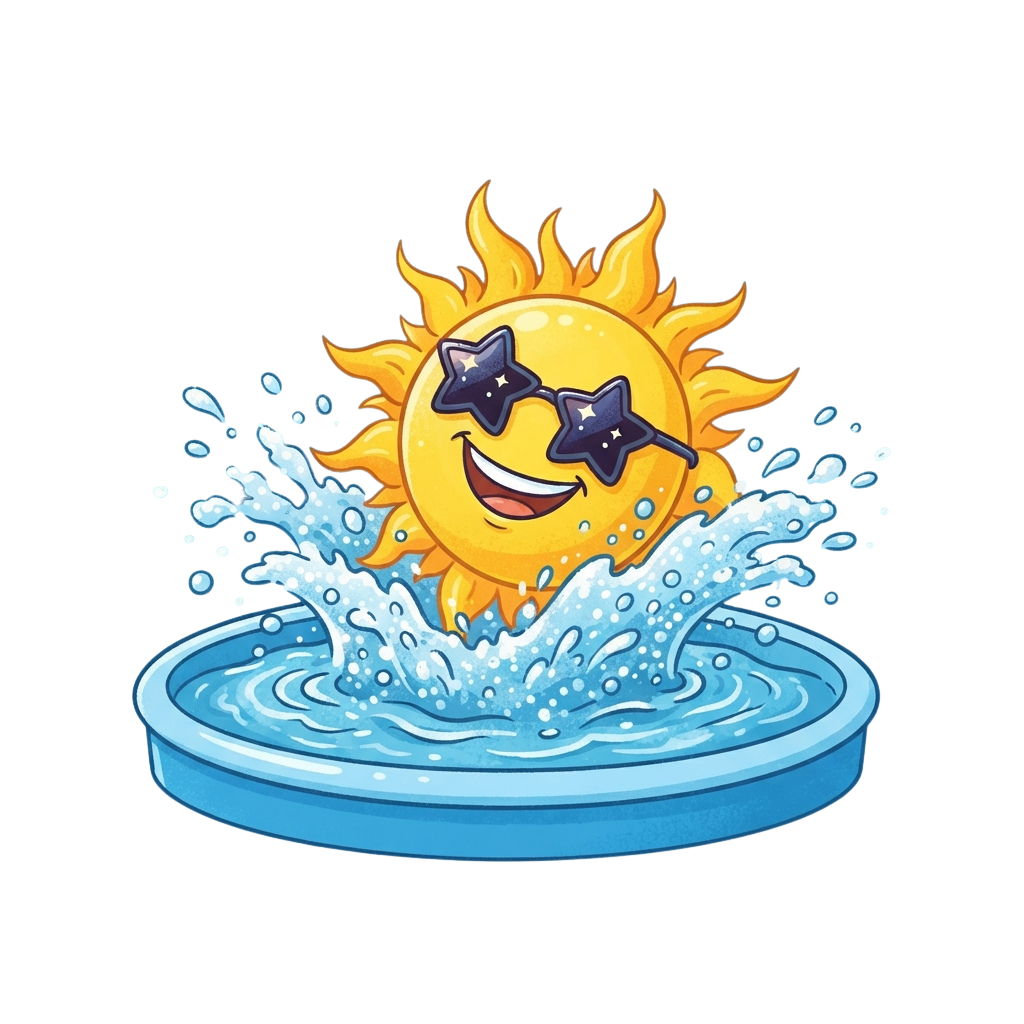 A smiling sun with star-shaped sunglasses splashing water in a blue pool