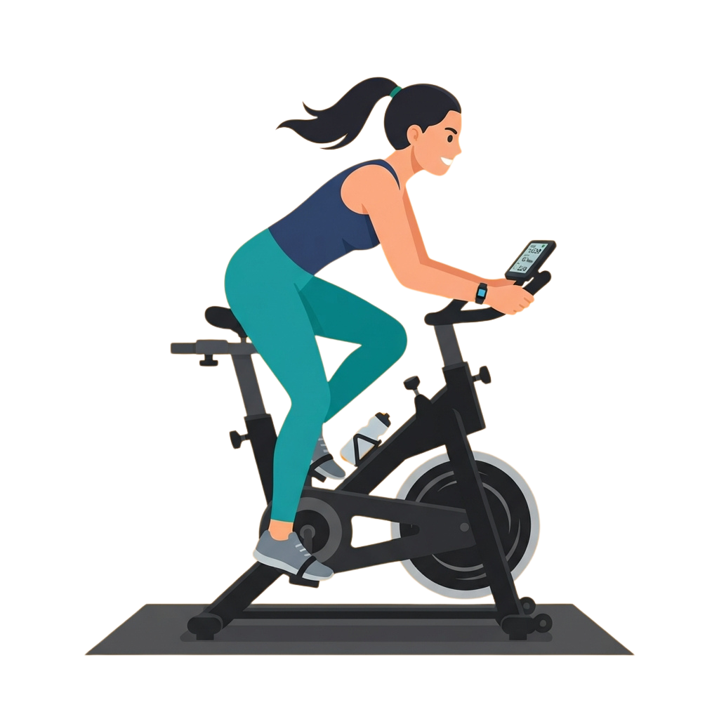A woman riding an indoor stationary bike while holding a smartphone and wearing athletic clothing.