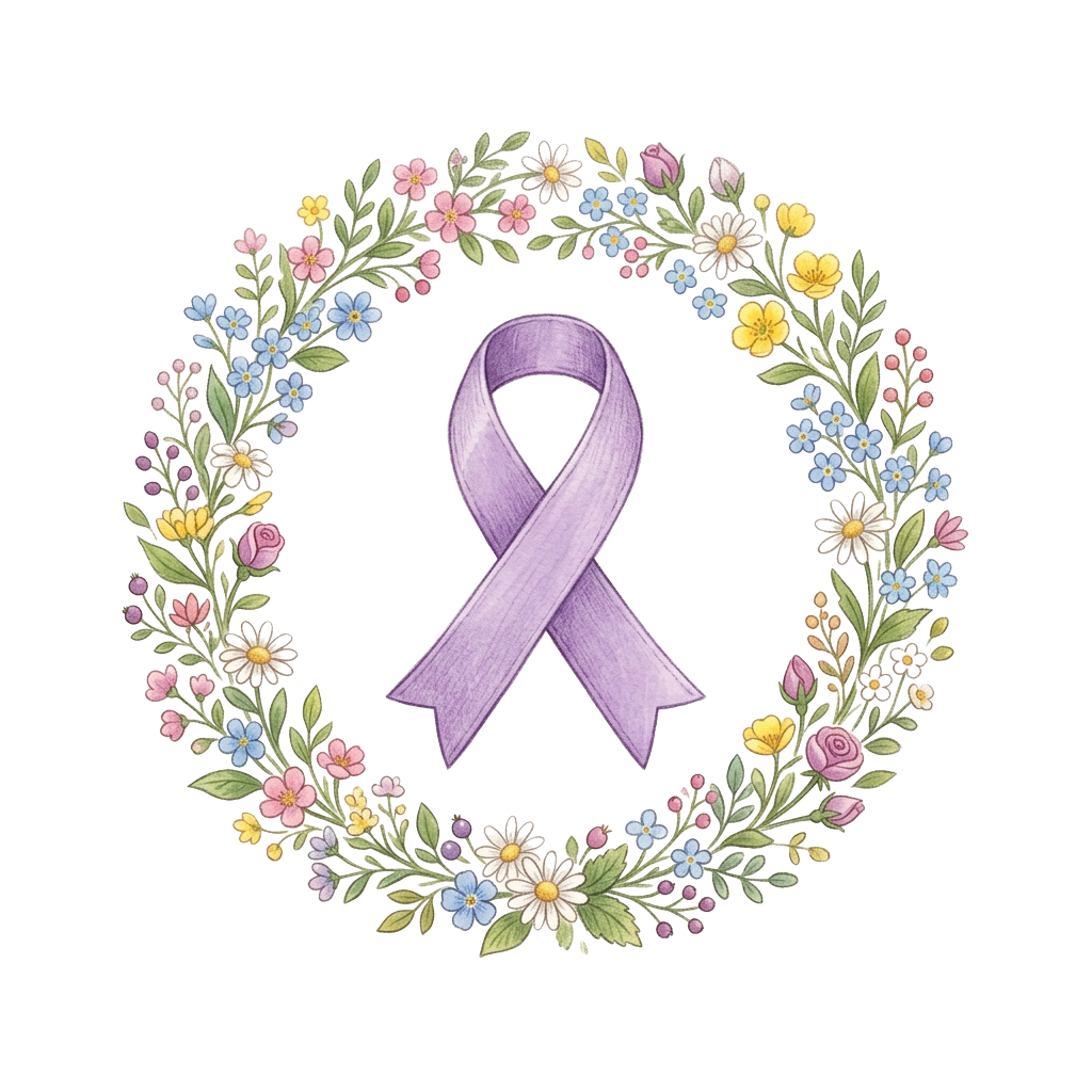A purple ribbon surrounded by a colorful floral wreath on a black background