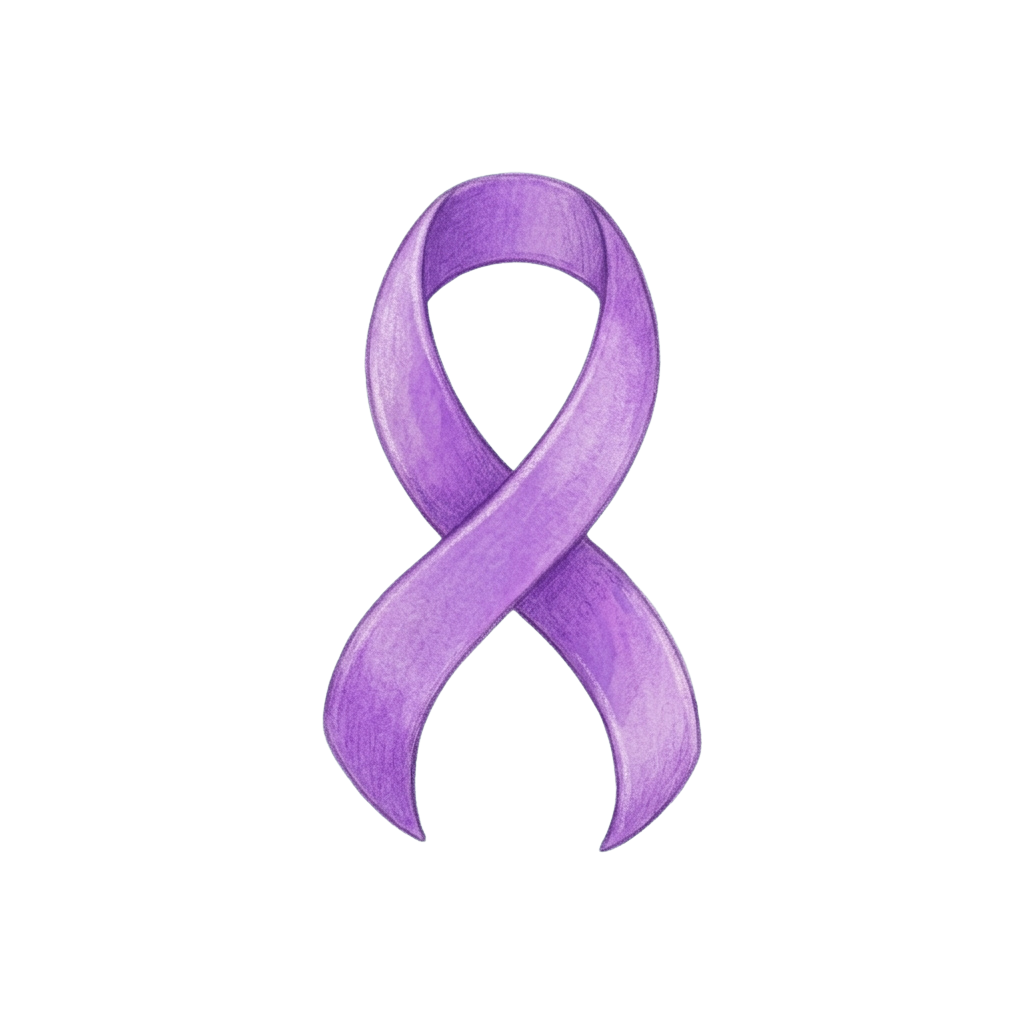 A purple awareness ribbon on a black background