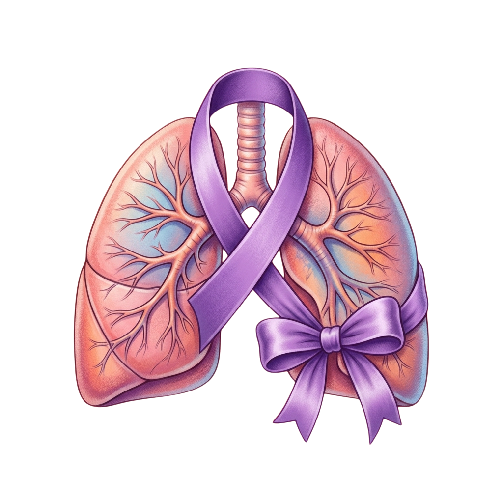 Illustration of human lungs wrapped with a purple ribbon and bow on the right lung.