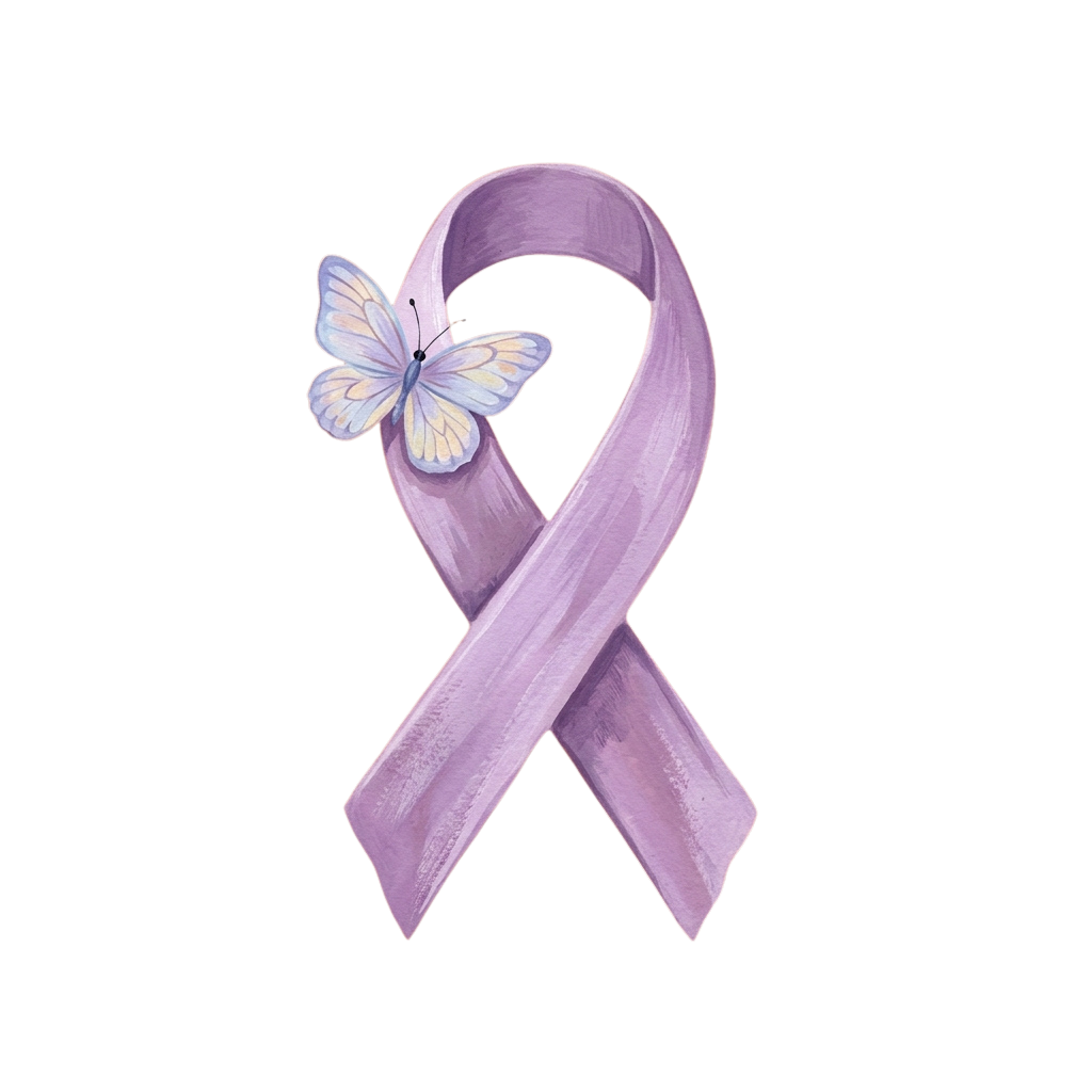 A purple awareness ribbon with a delicate blue and yellow butterfly attached to the top left side