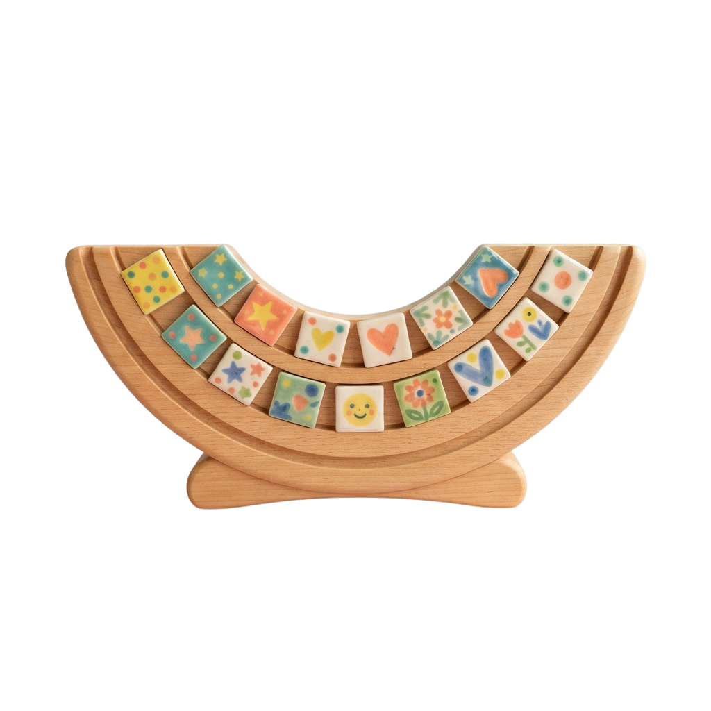 A wooden balance scale toy with colorful square tiles featuring hearts, stars, and smiley faces