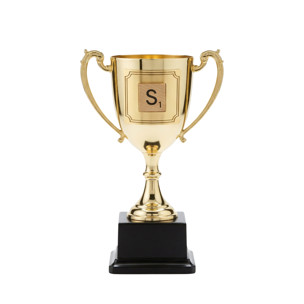 A golden trophy cup on a black base with a square plaque engraved with the letter S and subscript 1