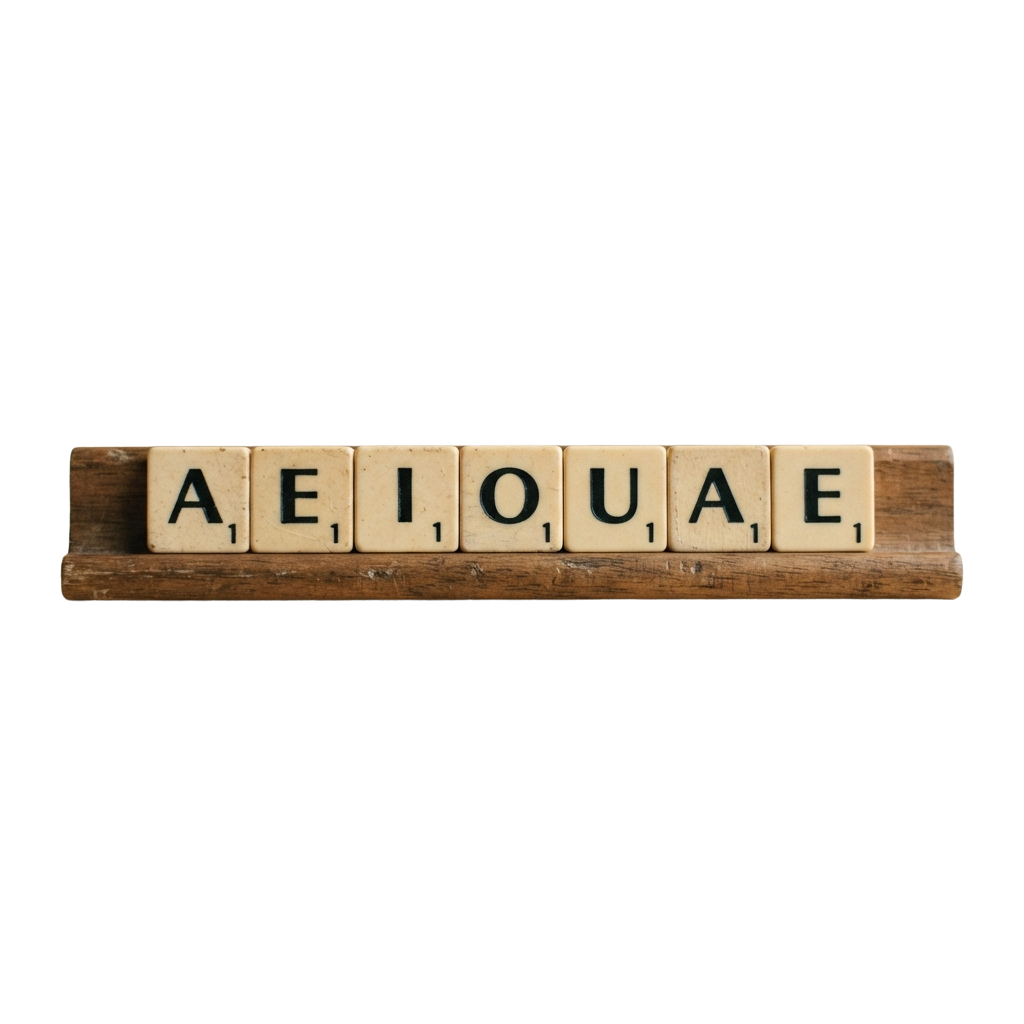 Wooden blocks spelling AEIOUAE vowel combination on a dark background