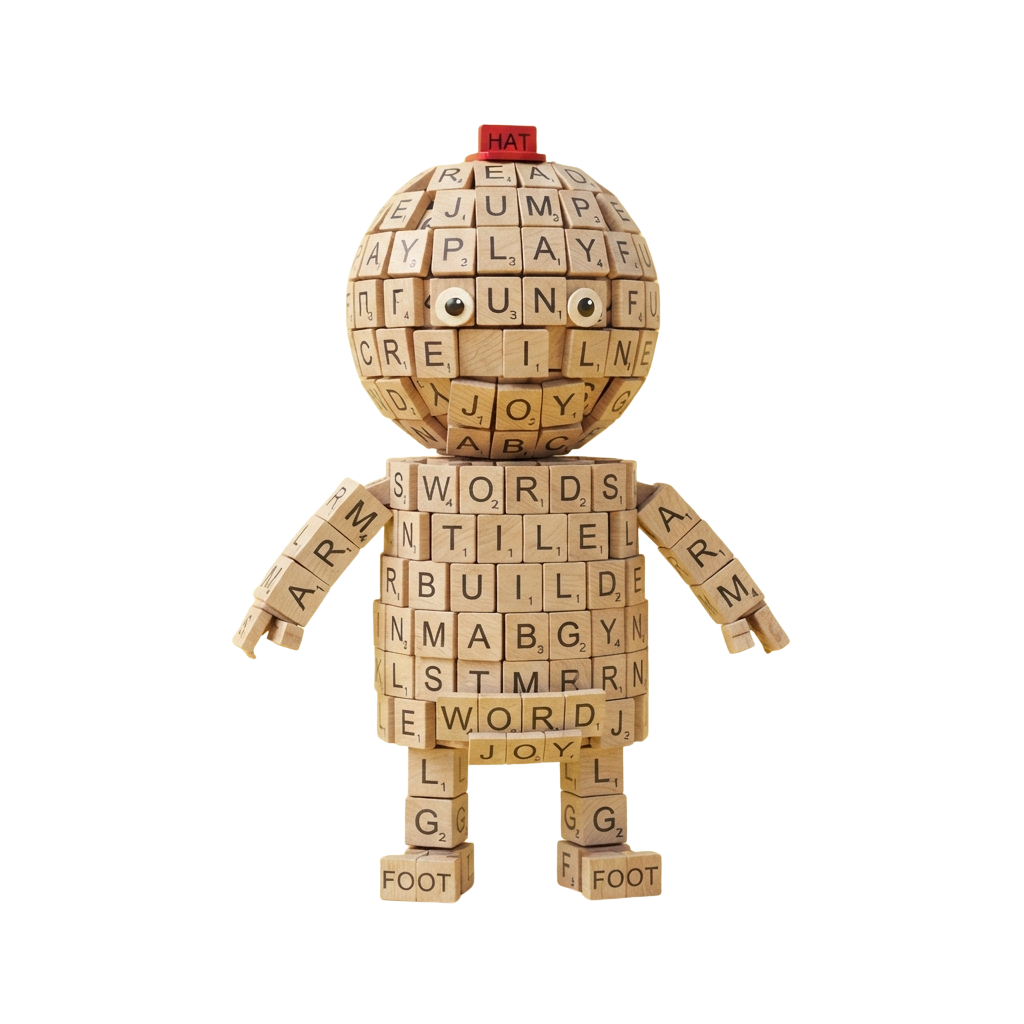A humanoid figure constructed from wooden Scrabble letter blocks with a red hat on top.