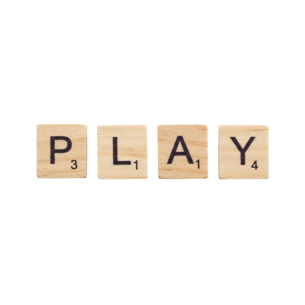 Four wooden Scrabble tiles spelling the word PLAY with point values shown.