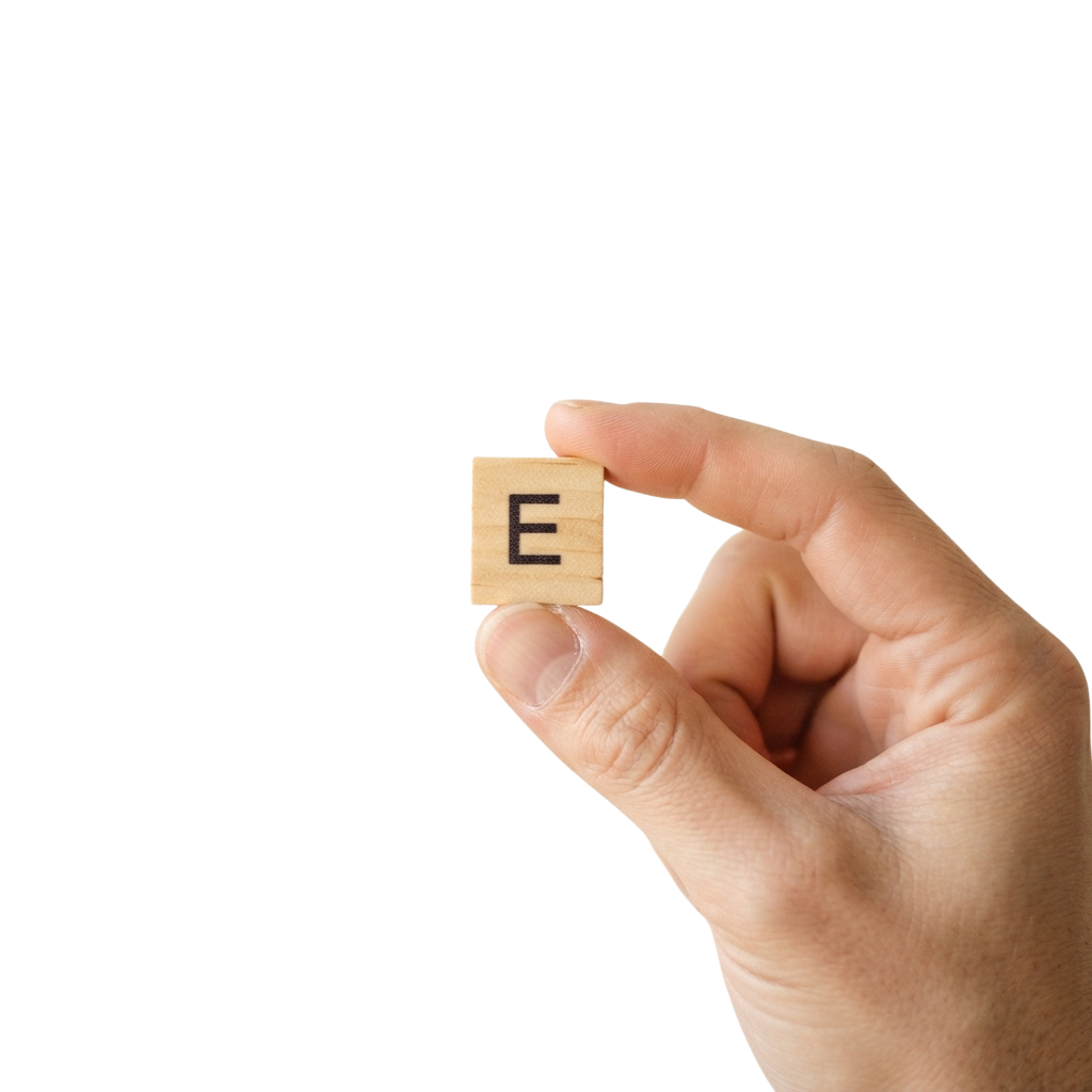 A hand holding a wooden Scrabble letter E tile against a black background