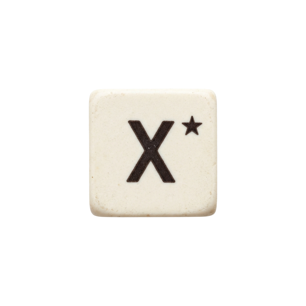 A white square tile with a black letter X and a small black star in the top right corner