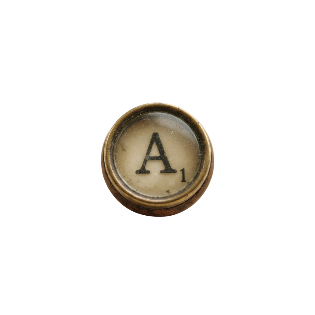 Close-up of a worn brass-colored typewriter key with the letter A and number 1