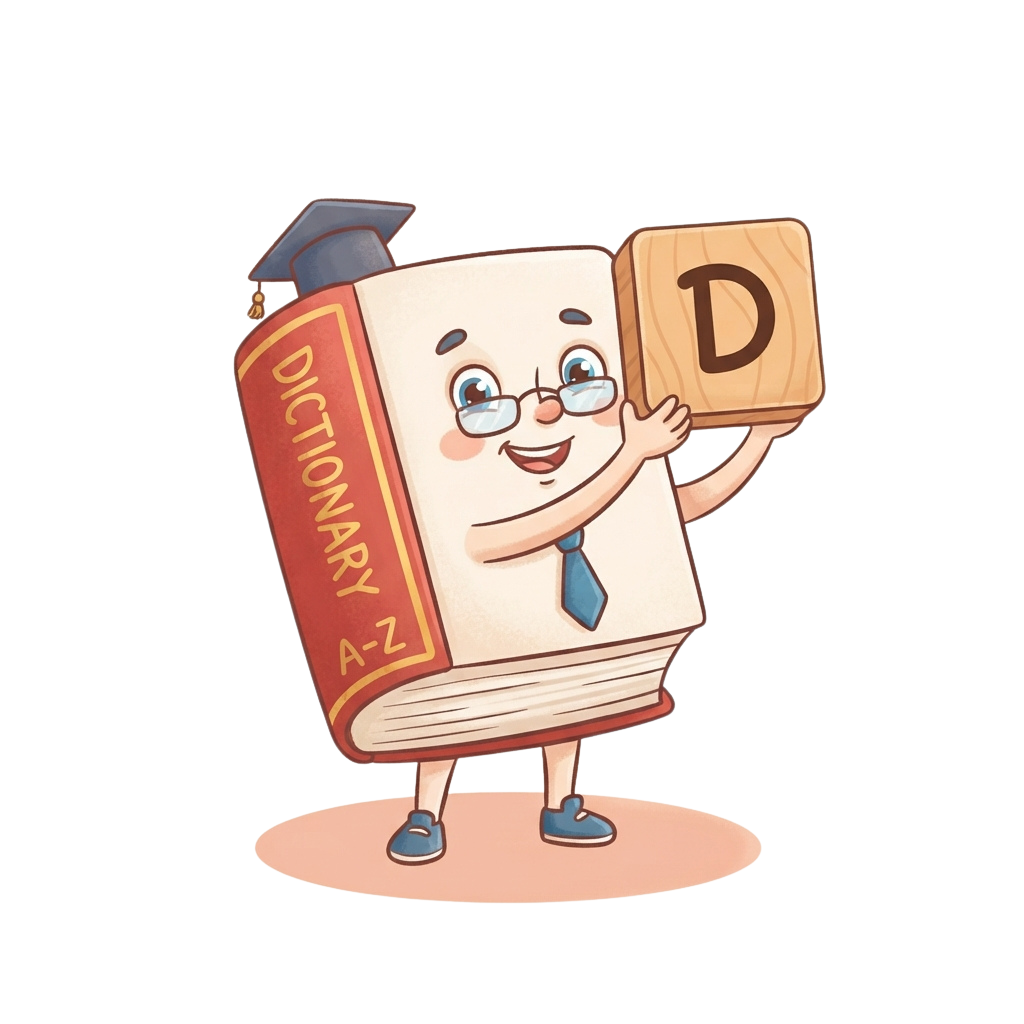 Animated book character wearing glasses and a graduation cap, holding a large letter D block