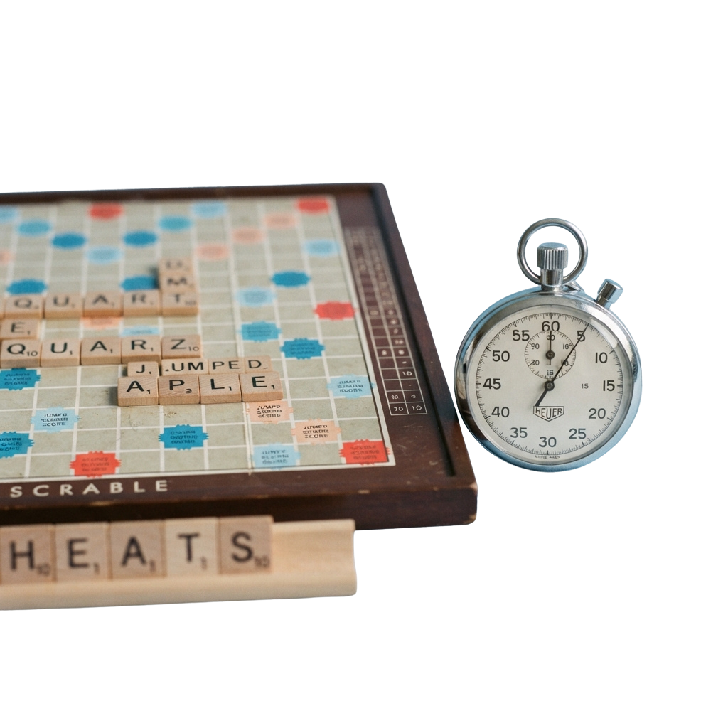 Scrabble board showing words like JUMPED and APLE, wooden letter tiles spelling HEATS, and a stopwatch timer.