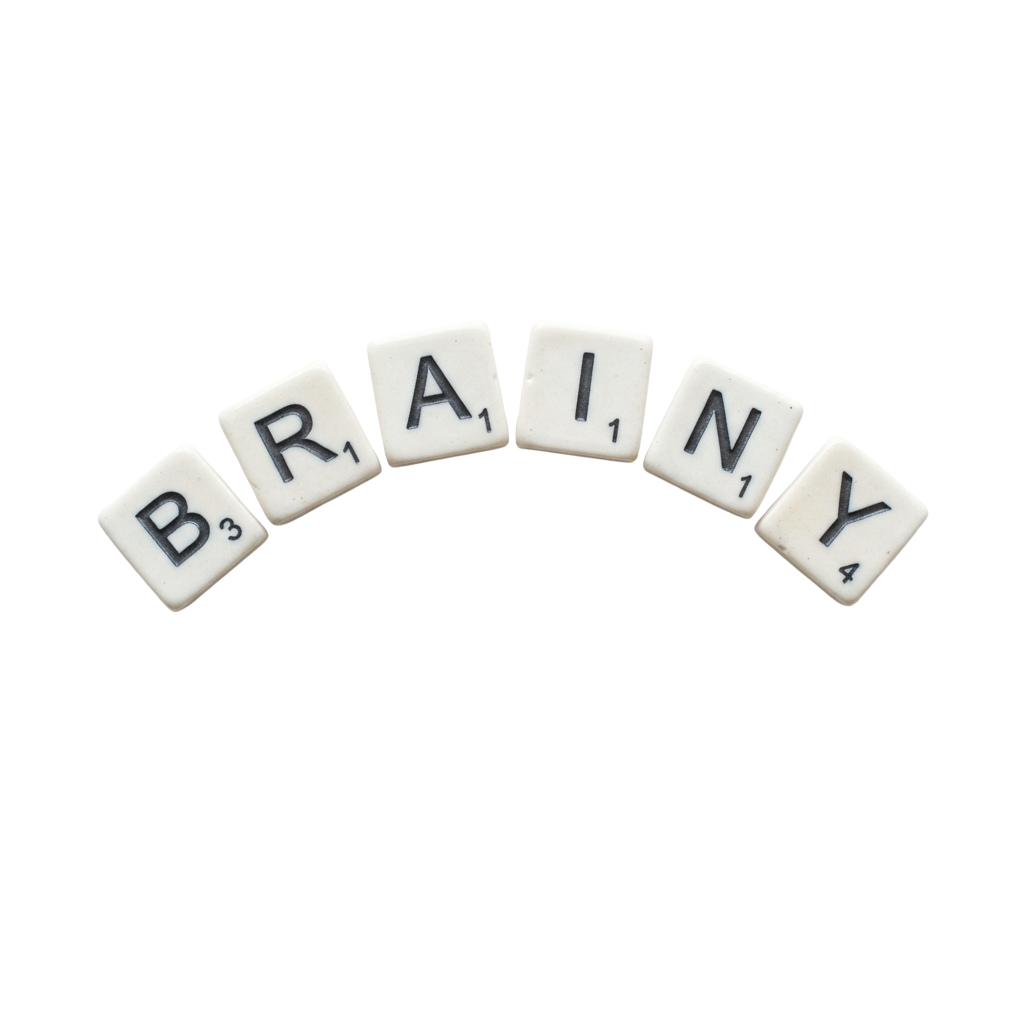 Five Scrabble tiles spelling BRAINY arranged in a slight arc on a black background