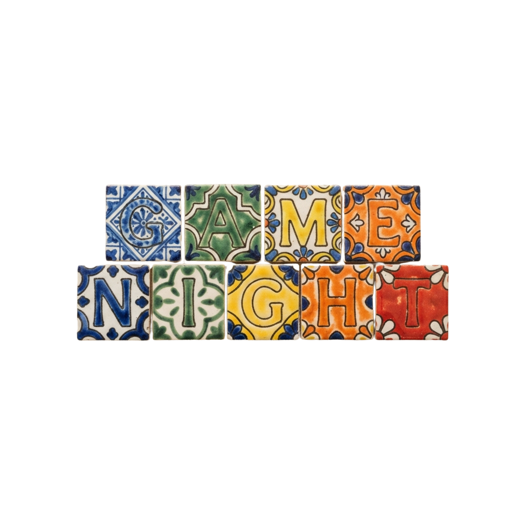 Two rows of ceramic tiles spelling GAME NIGHT with intricate patterns and bright colors