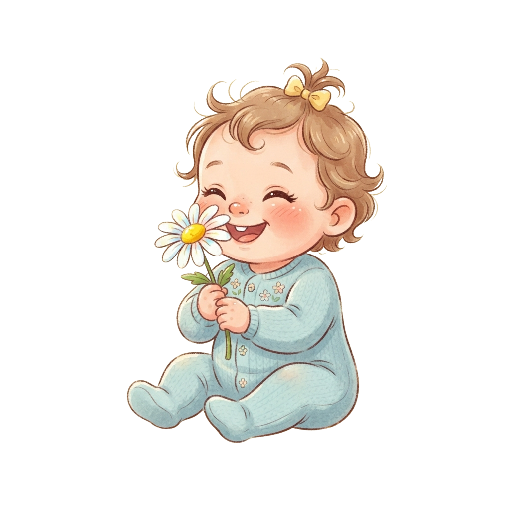 Smiling baby girl in light blue onesie holding a yellow daisy flower
