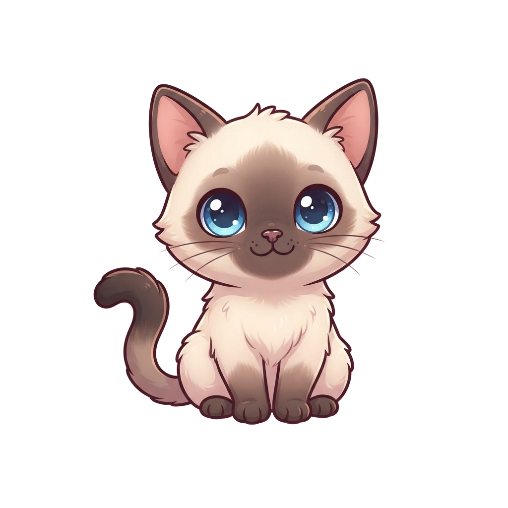 A cute cartoon kitten with light cream fur, big blue eyes, and pink ears sitting on a black background