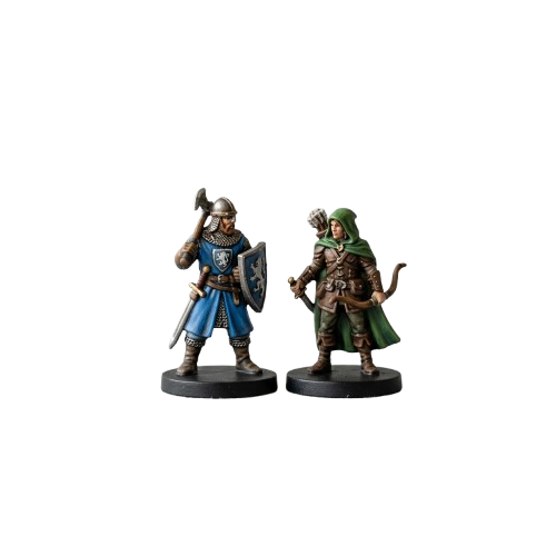 Two fantasy miniature figures: a warrior with blue armor and shield, and an archer in green cloak with bow.