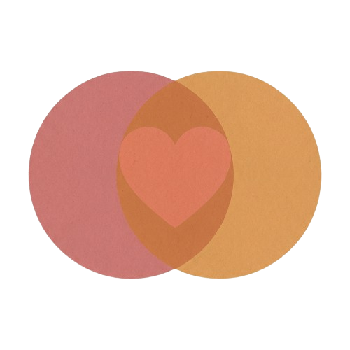 Two overlapping circles forming a heart shape in the intersection, colored pink and orange on a black background