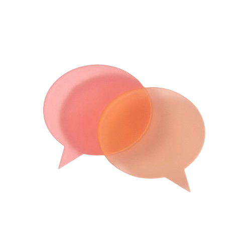 Two overlapping speech bubbles in soft pink and peach colors against a black background