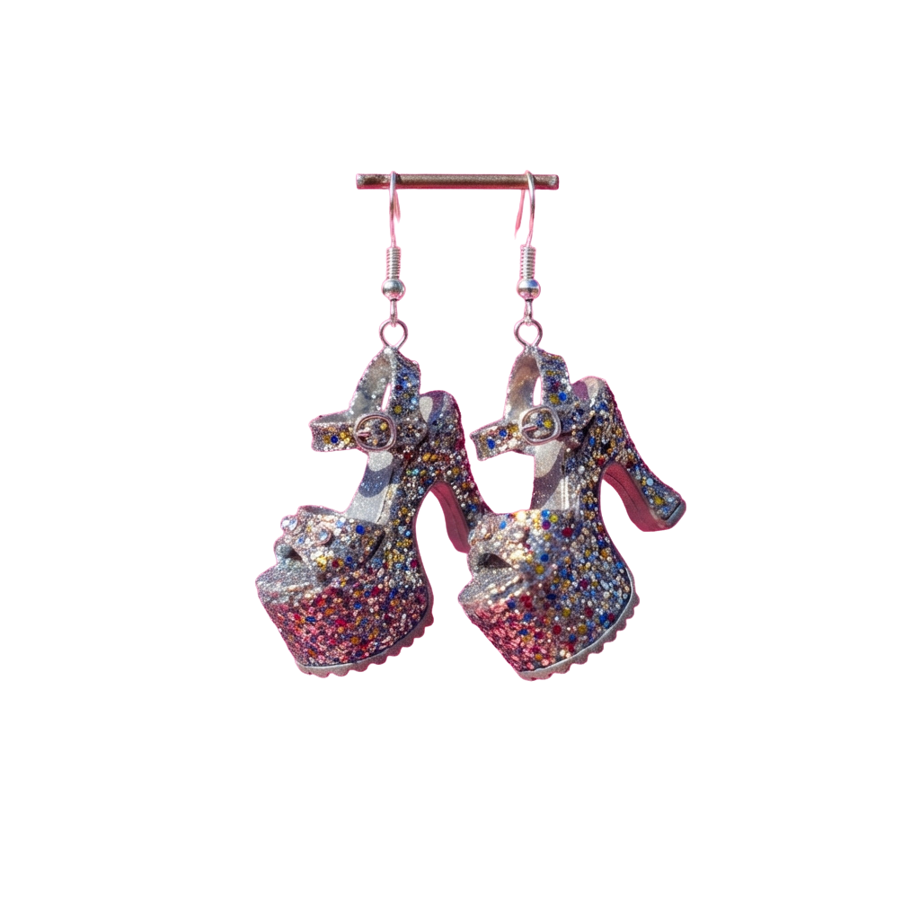 Pair of glittery rhinestone earrings designed to look like high-heeled shoes, hanging from a bar.