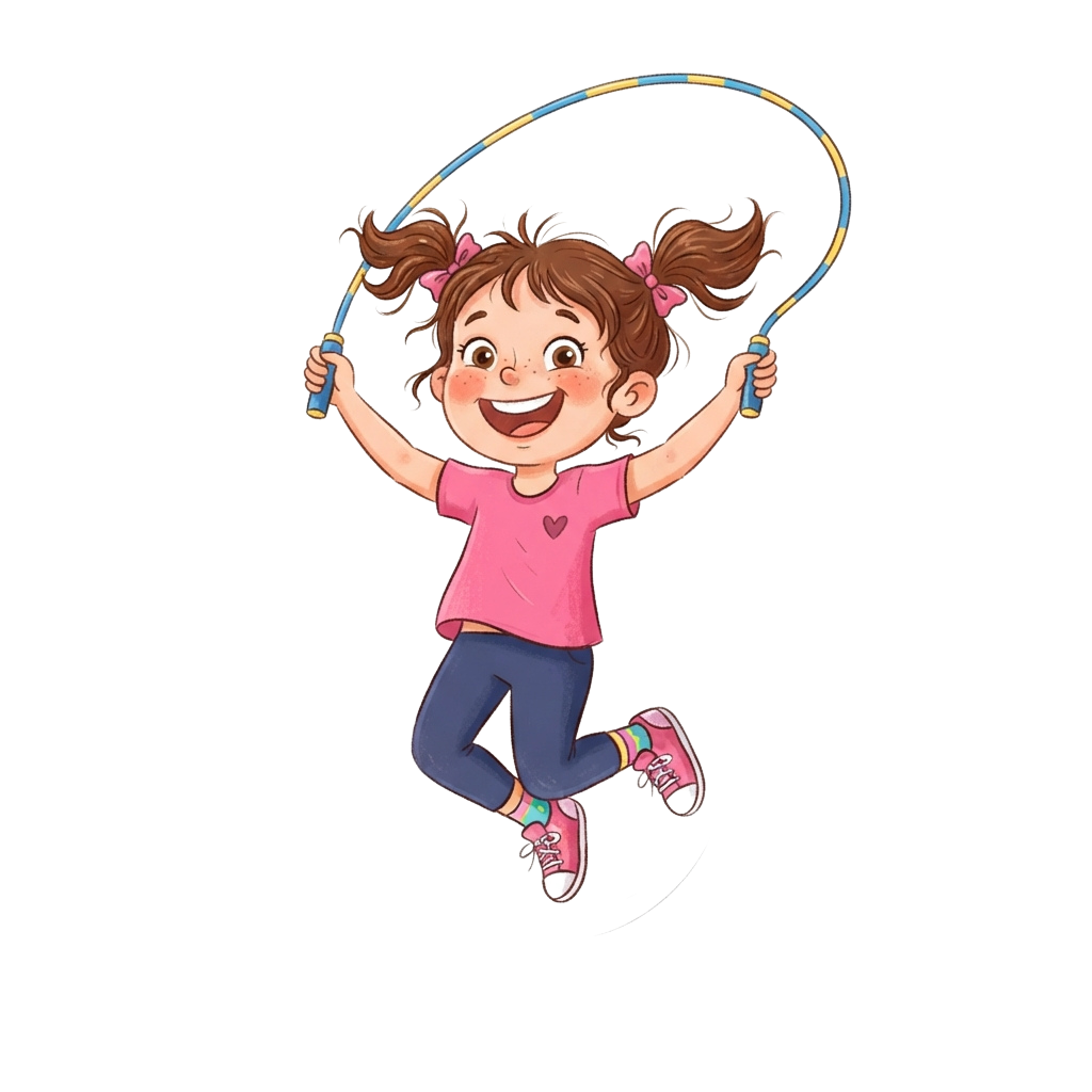 A smiling child jumping with a colorful jump rope, wearing a pink shirt and blue pants