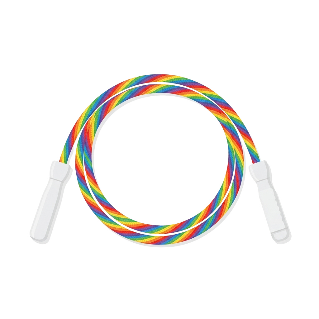 A multicolored jump rope with white plastic handles laid out in a loop against a black background