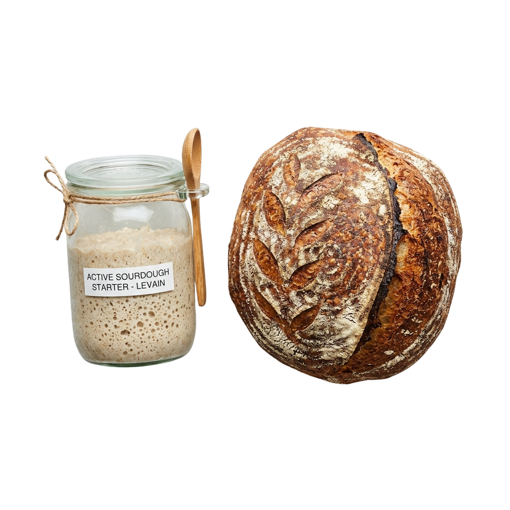 A jar of bubbly active sourdough starter with a wooden spoon and a round loaf of rustic sourdough bread.