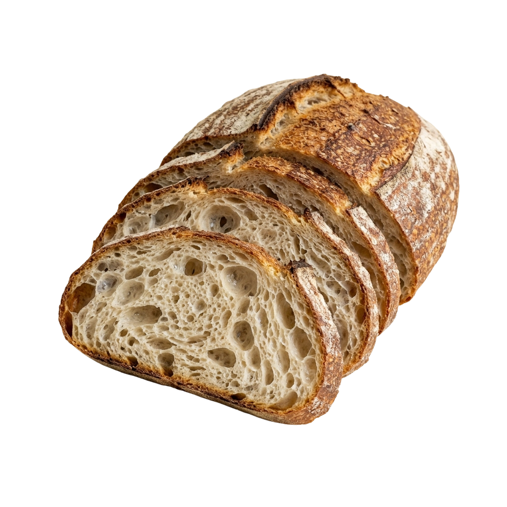 Two slices of sourdough bread showing a crusty exterior and airy interior with large holes.