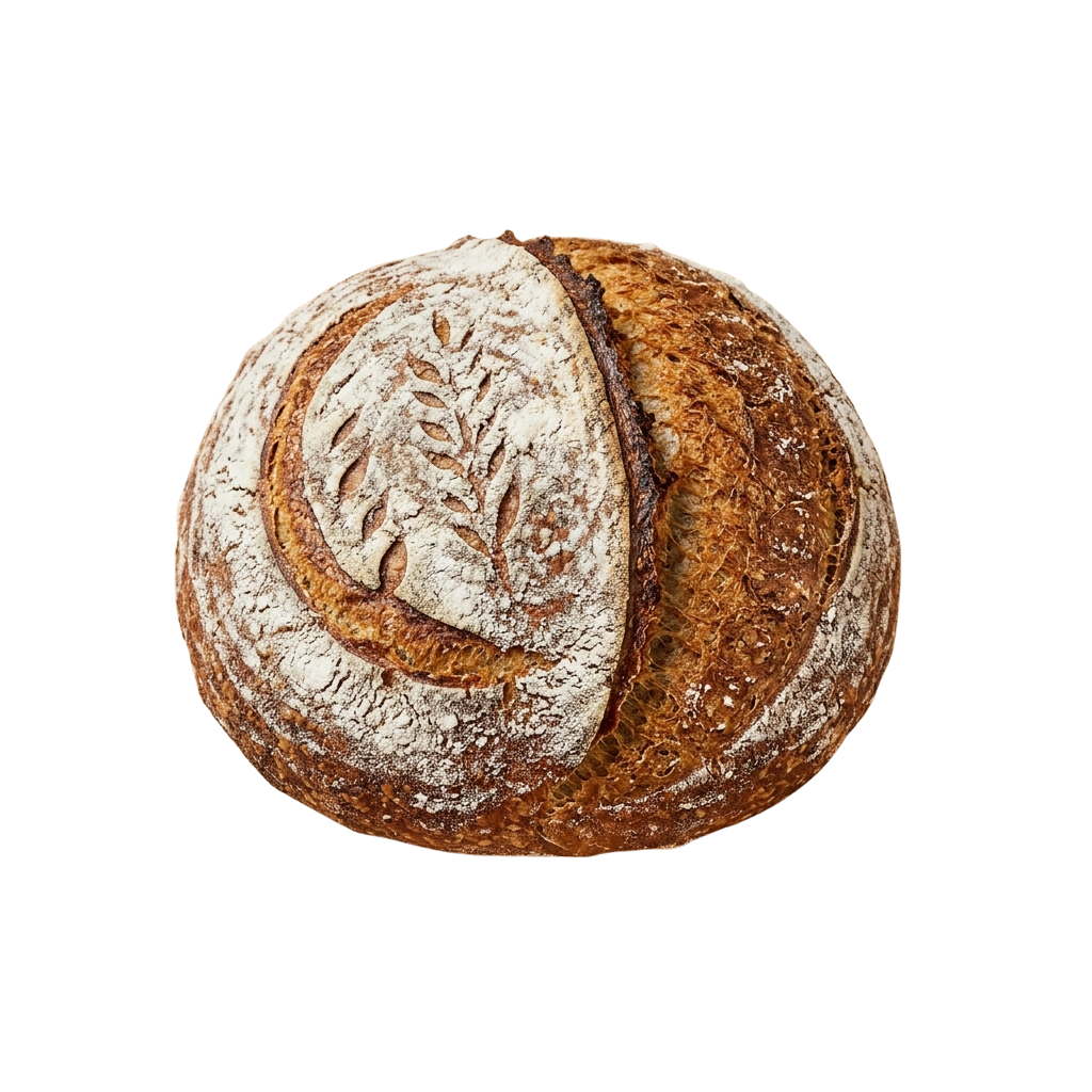 A round sourdough bread loaf with a partially sliced side, showing a rustic crust and flour-dusted top.