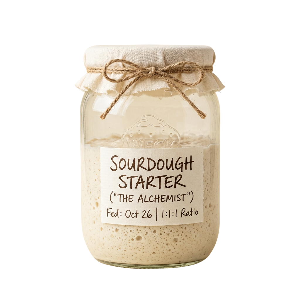 A glass jar containing sourdough starter labeled with feeding date and ratio, tied with twine and fabric.