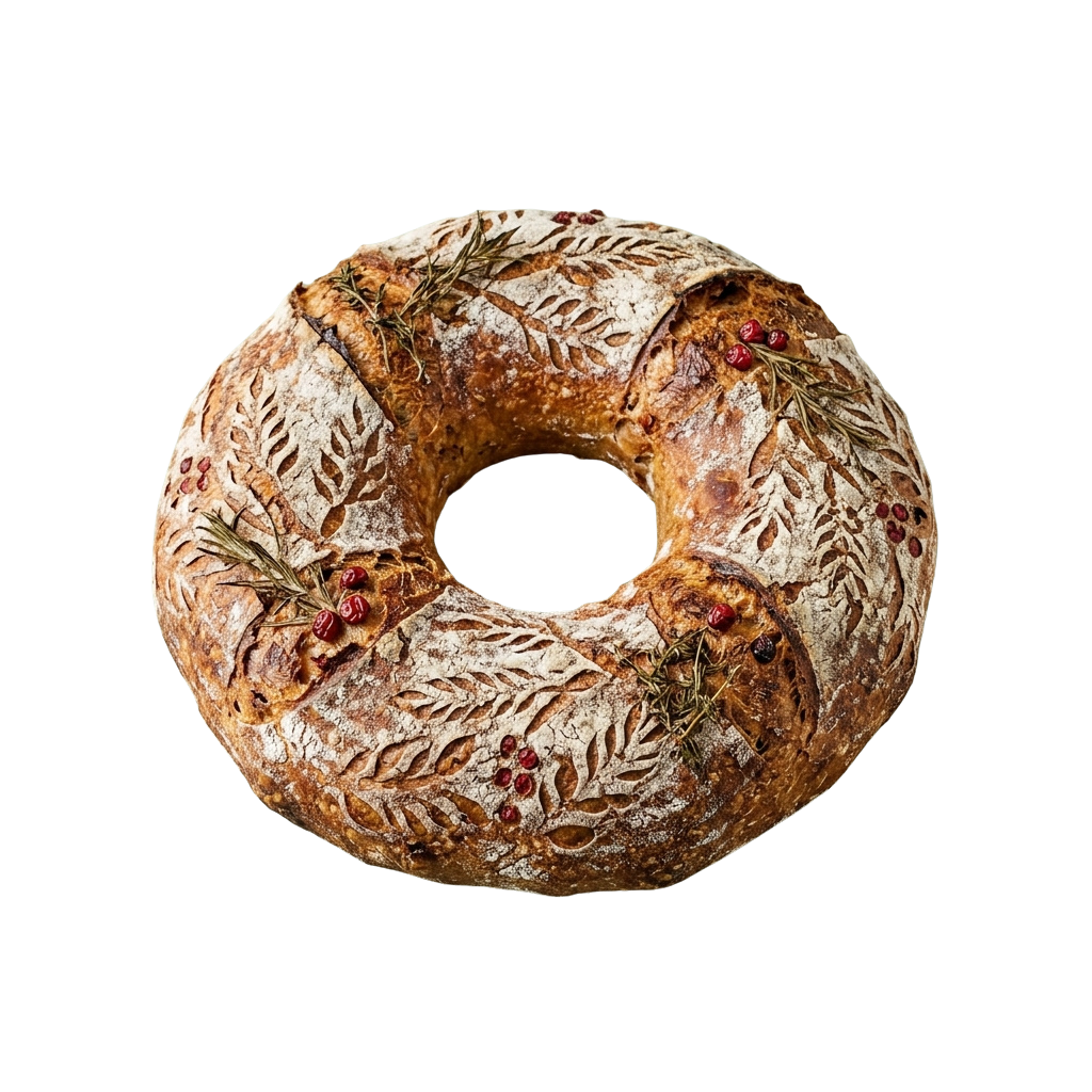 A round sourdough bagel with decorative leaf patterns and red berries or seeds on top