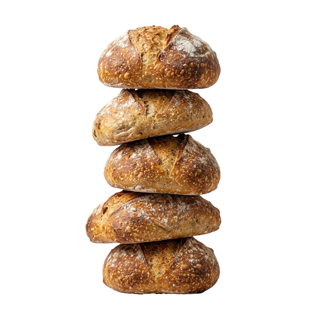 Four rustic bread loaves stacked vertically with a golden-brown crust and textured surface