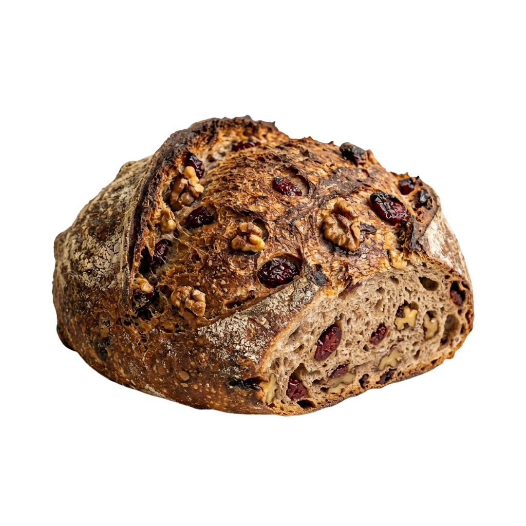 A rustic loaf of fruit and nut bread with visible raisins and nuts baked into a textured crust