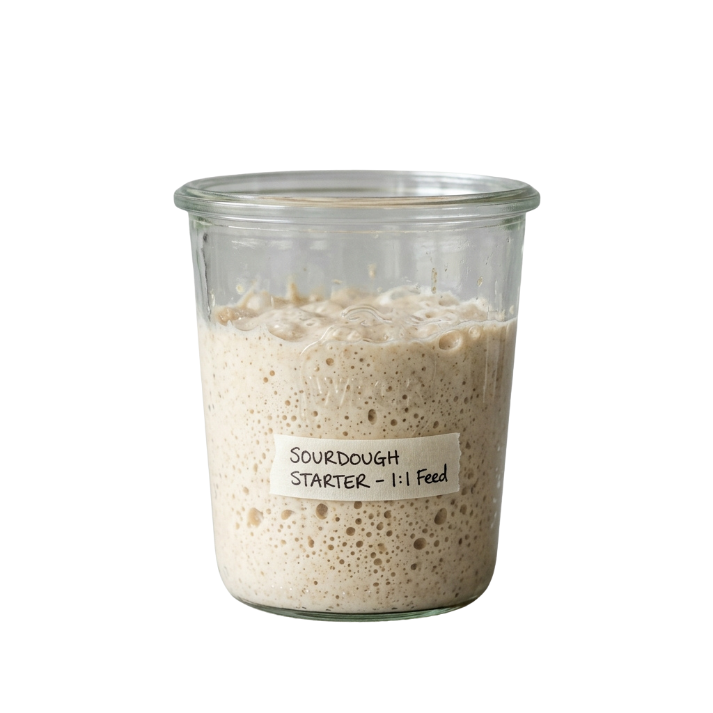 A glass jar containing bubbly sourdough starter labeled 1 to 1 feed