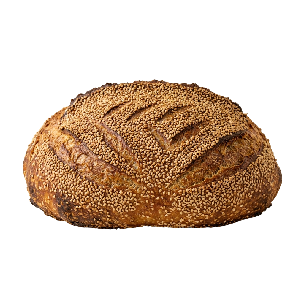 Round loaf of bread topped with sesame seeds and decorative swirl pattern