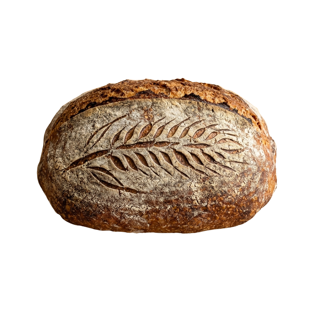 A round loaf of sourdough bread with a leaf pattern cut into the top crust