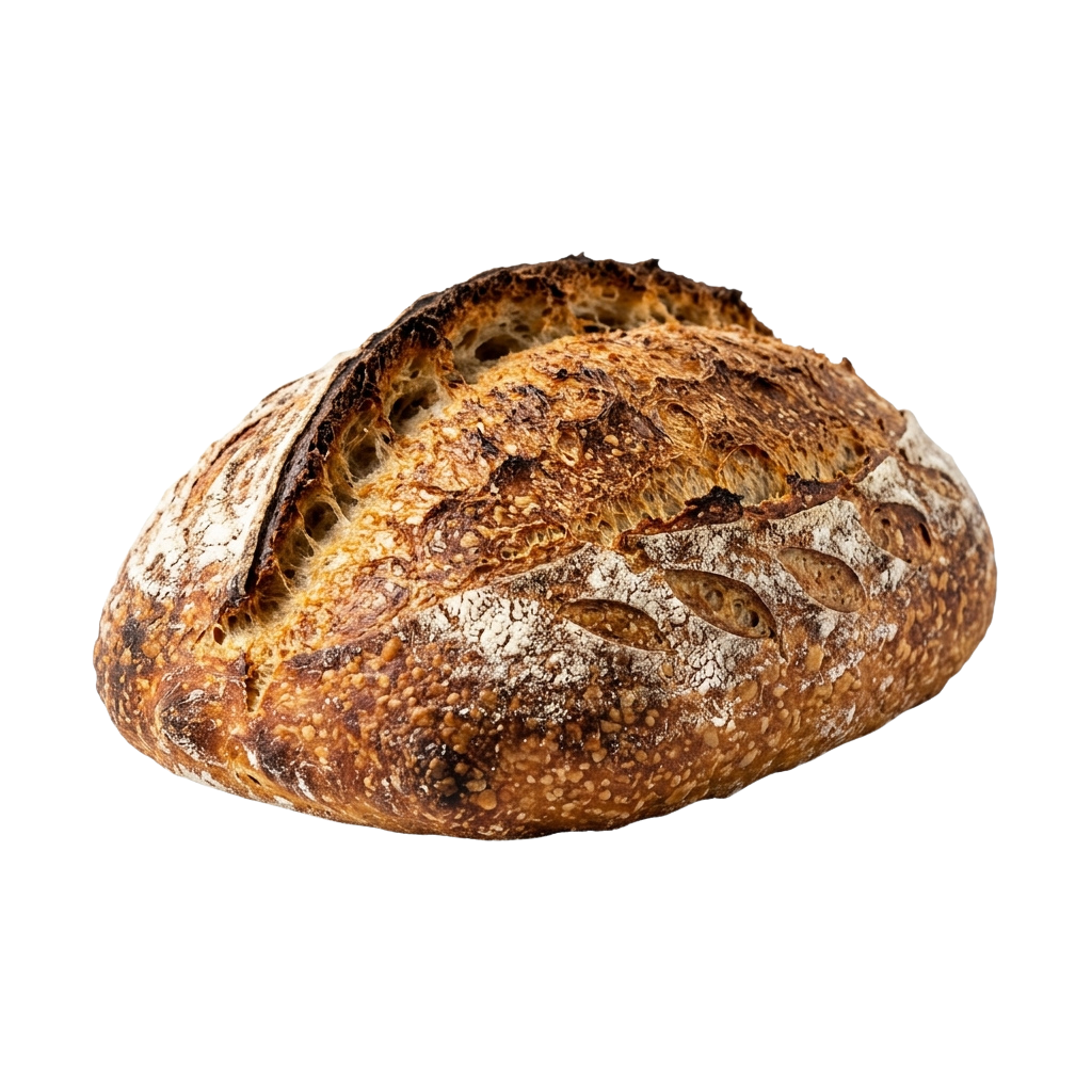 Golden brown artisan sourdough bread with a rustic crust and visible air pockets
