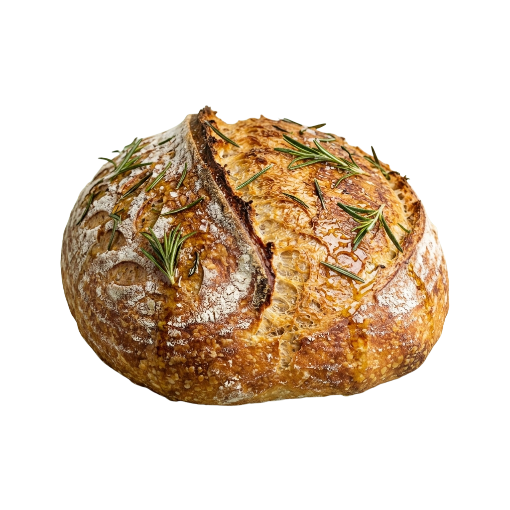 A freshly baked round sourdough bread with rosemary sprigs on top, sliced open to show air pockets inside.