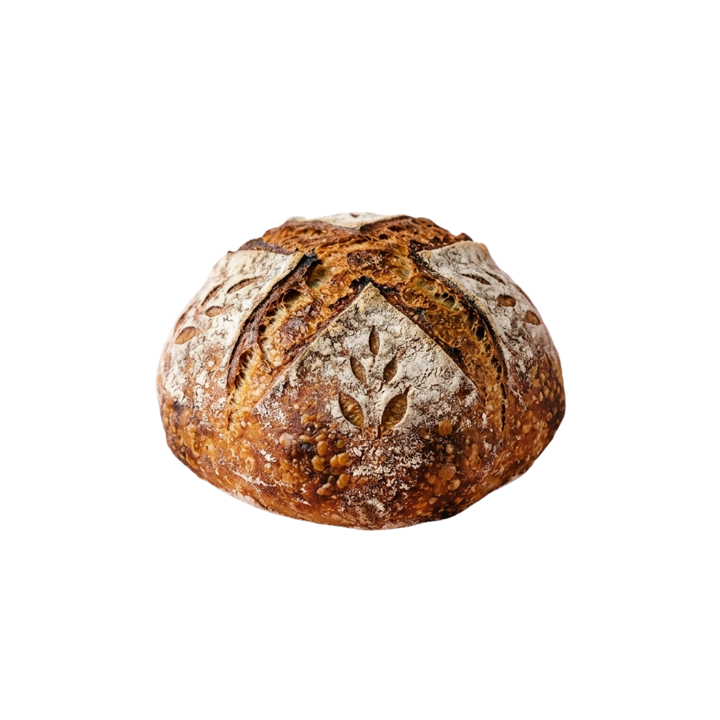 Close-up of a rustic sourdough bread loaf with a golden-brown crust and visible scoring