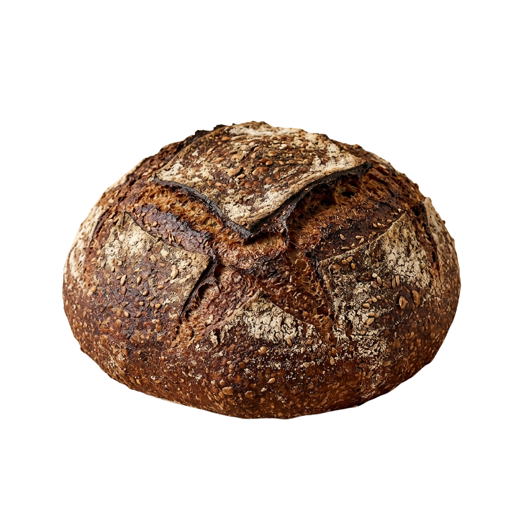 Close-up image of a rustic sourdough bread loaf with a dark crust and visible seeds