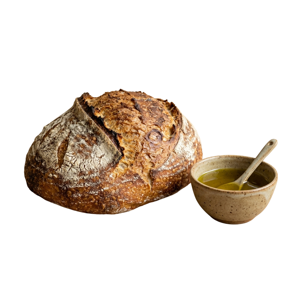 A rustic sourdough loaf with a cracked crust next to a bowl of olive oil for dipping
