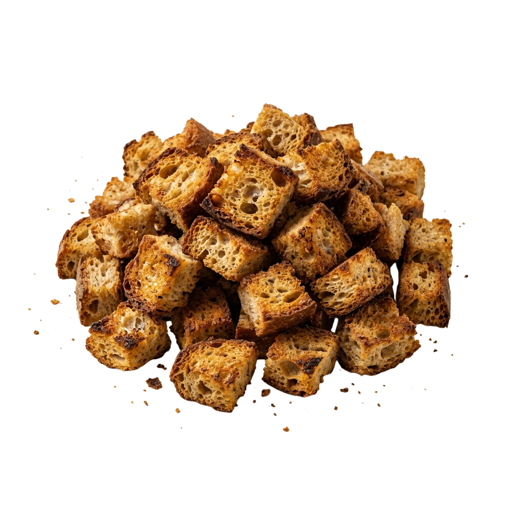 A pile of golden brown, toasted cubed bread pieces with a crunchy texture.
