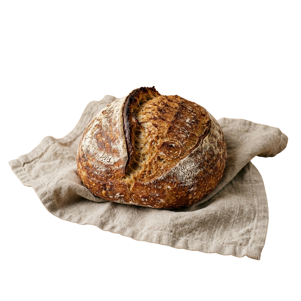A freshly baked sourdough bread loaf resting on a light-colored linen cloth