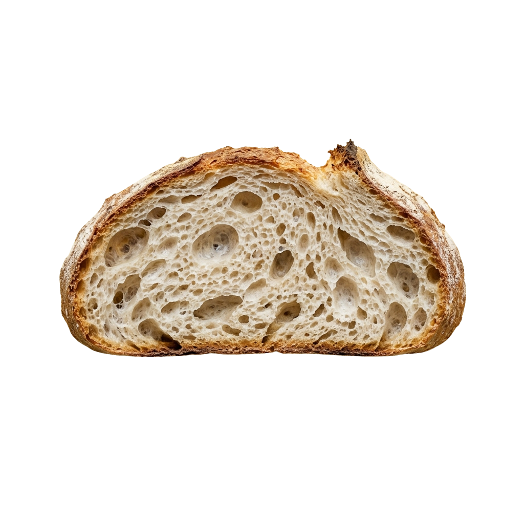 A close-up image of a slice of artisan bread showing an open crust with many air pockets inside.