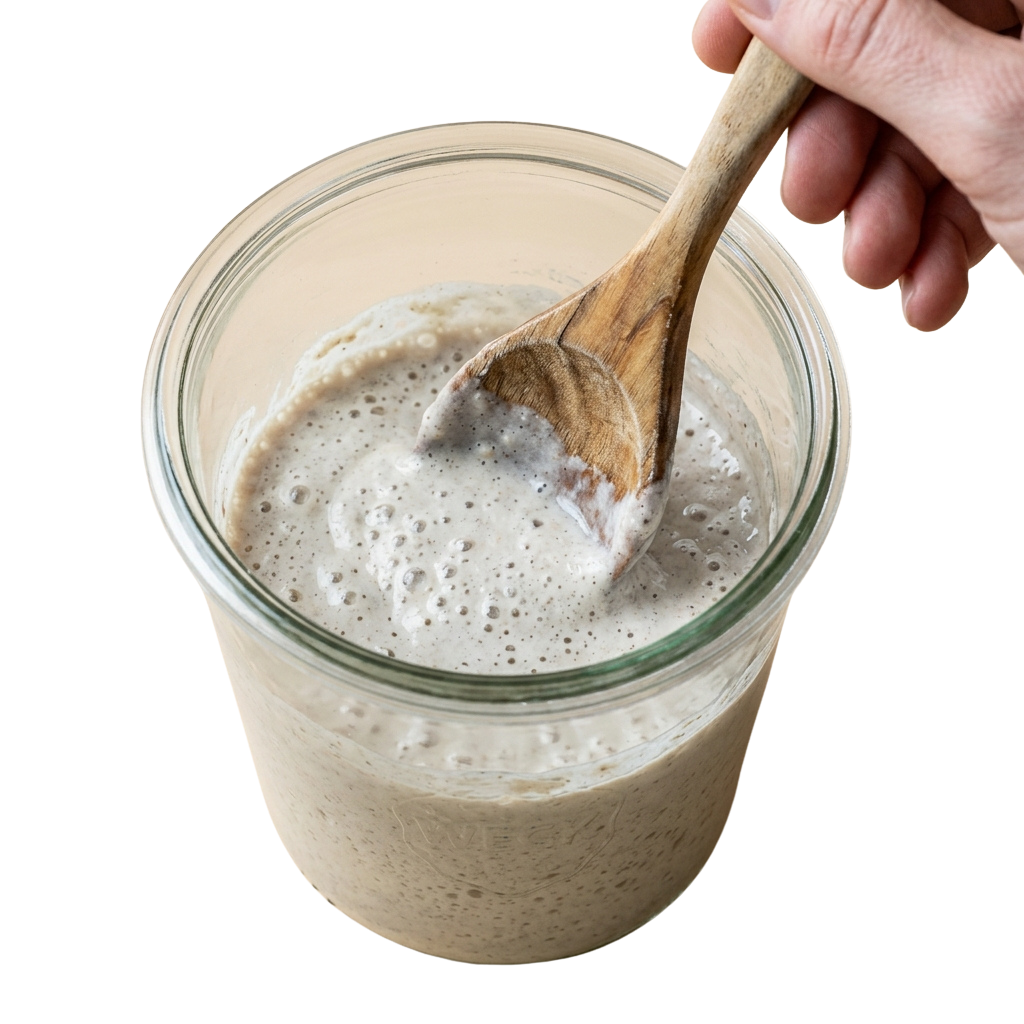A glass jar filled with bubbly fermented liquid being stirred with a wooden spoon