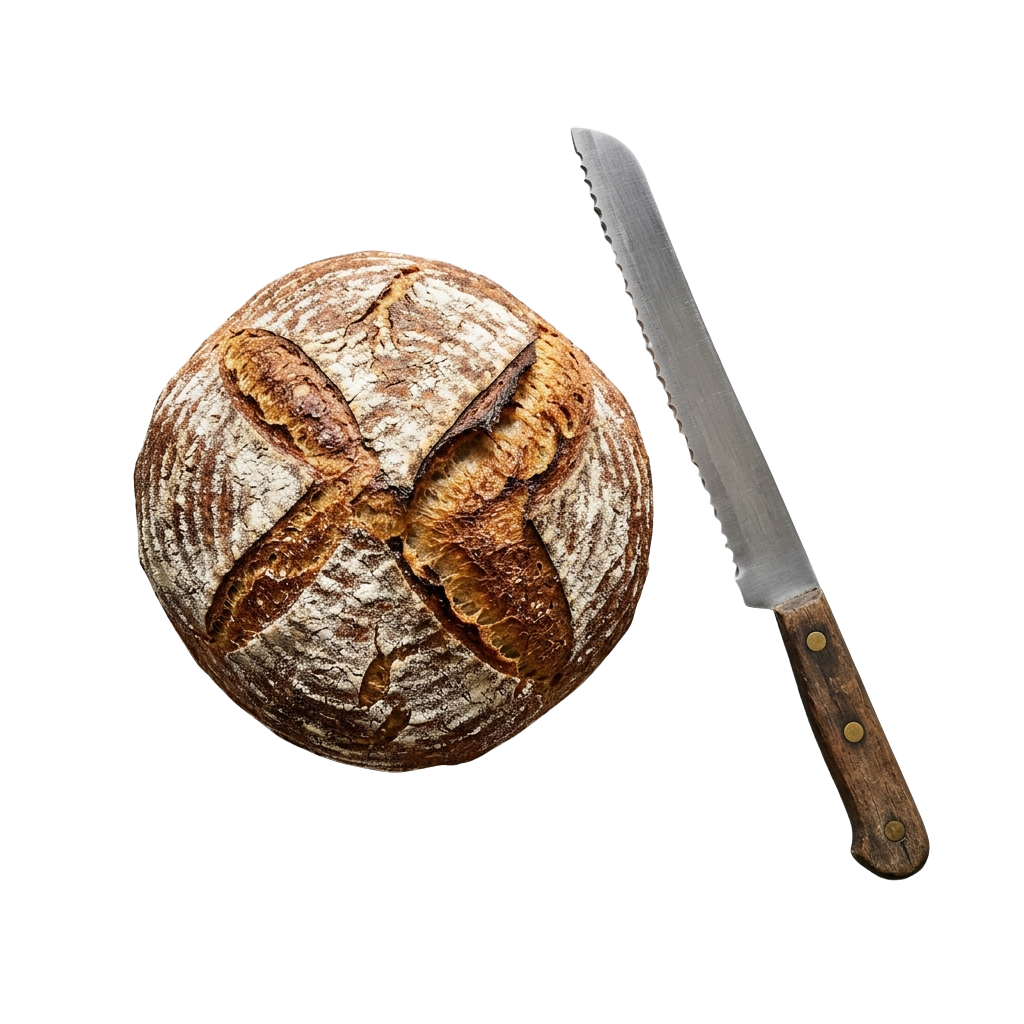 A round loaf of sourdough bread with a serrated bread knife beside it