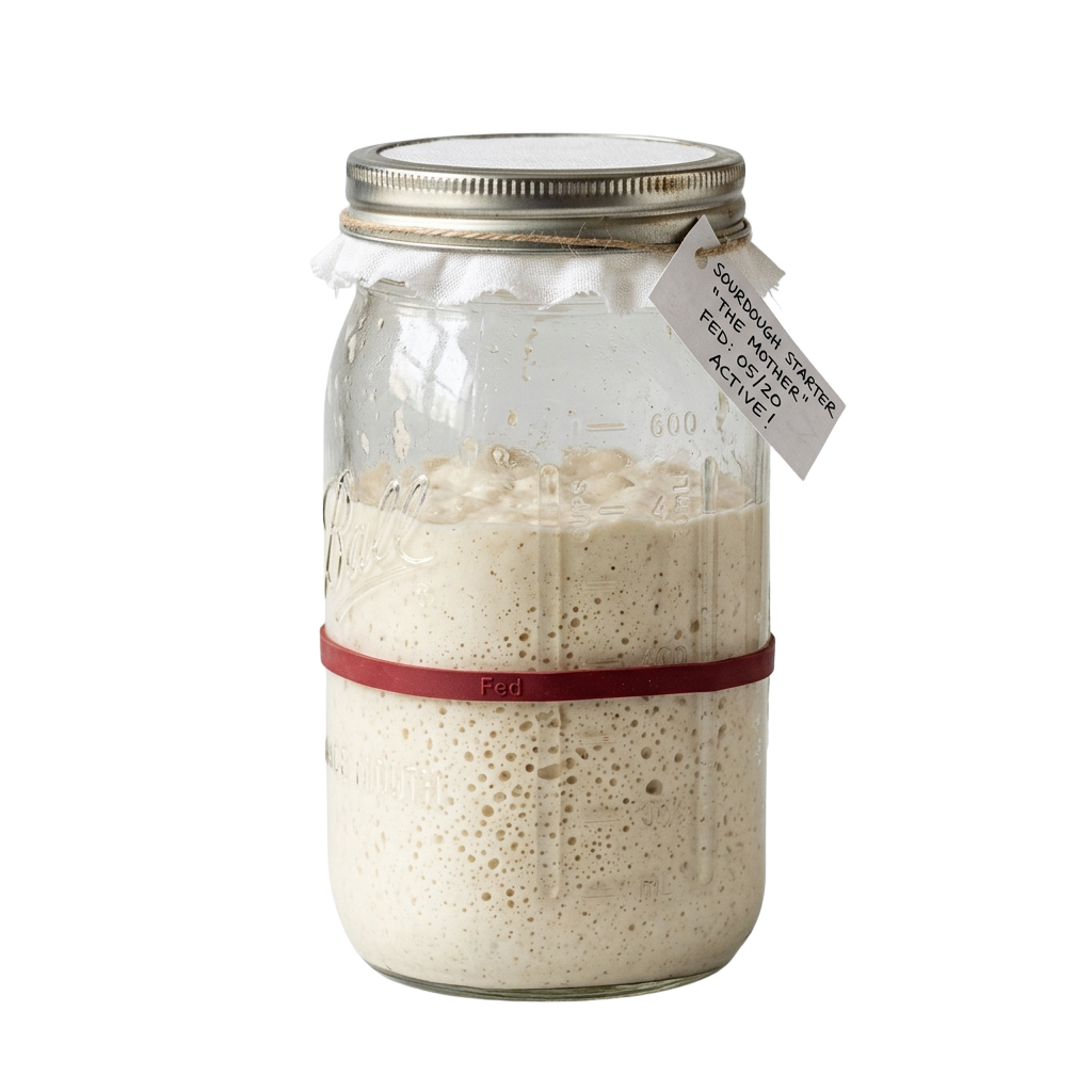 A glass jar containing bubbly sourdough starter with a red band around the middle and a label on the lid indicating feeding instructions.