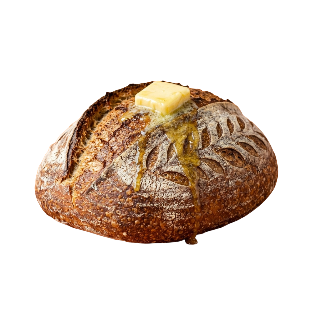 Whole sourdough loaf with a piece of butter placed on top