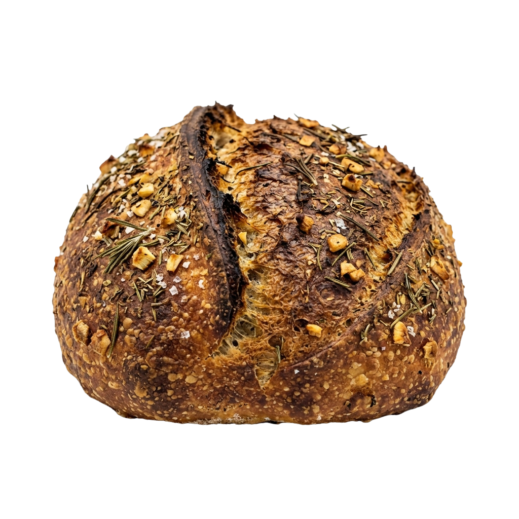 Rustic loaf of bread topped with seeds and herbs, sliced open to reveal dense texture